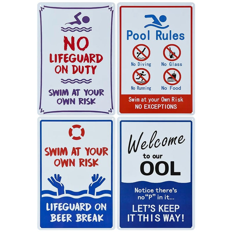 Yunuo 4 Pack Pool Rules Sign Warning Sign Rustic Vintage Metal Tin Poster Outdoor Wall Plaque Wall Art (A) - Image 1